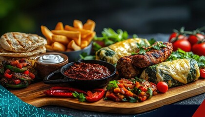 Fototapeta premium Assorted Colorful Grilled Meats And Vegetables On Wooden Platter