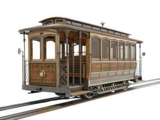 Vintage wooden cable car on tracks, detailed craftsmanship, historical transportation, ornate design, classic style, passenger vehicle, city transit, retro aesthetic,