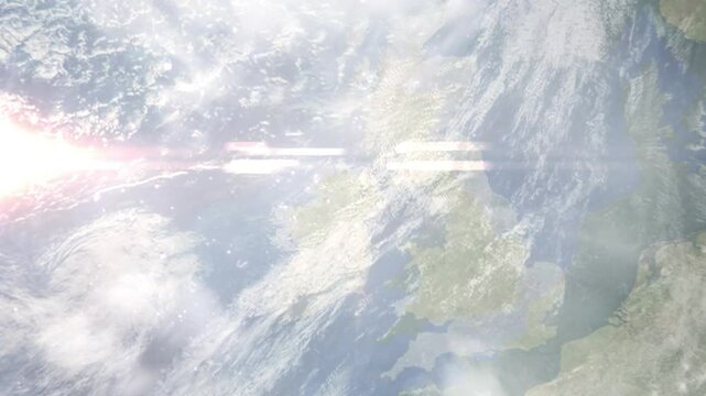 Earth zoom in from space and focus on Dungannon, Northern Ireland, Tyrone, Great Britain. Background for travel intro or blog. Satellite view. 3D style Animation. Images from NASA.