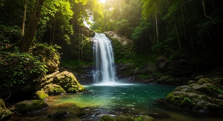 Obraz premium Serene Waterfall in Lush Tropical Rainforest Nature Photography
