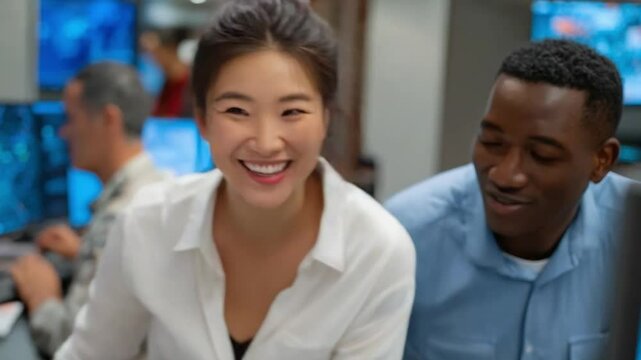 Workplace Connection: A cheerful woman and her smiling co-worker share a moment of camaraderie in a professional environment, depicting teamwork and workplace interaction.