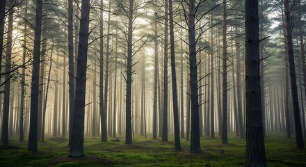 Obraz premium Misty Pine Forest Enchanting Dawn in a Serene Woodland