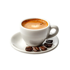 A steaming cup of coffee with a saucer and scattered coffee beans on a white background