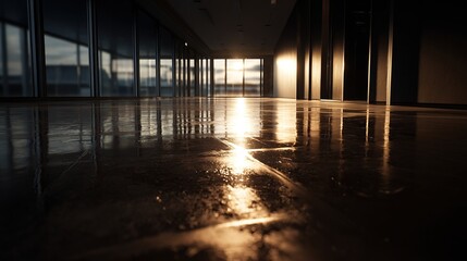 Sunlight streams into a modern office hallway, reflecting on the polished concrete floor