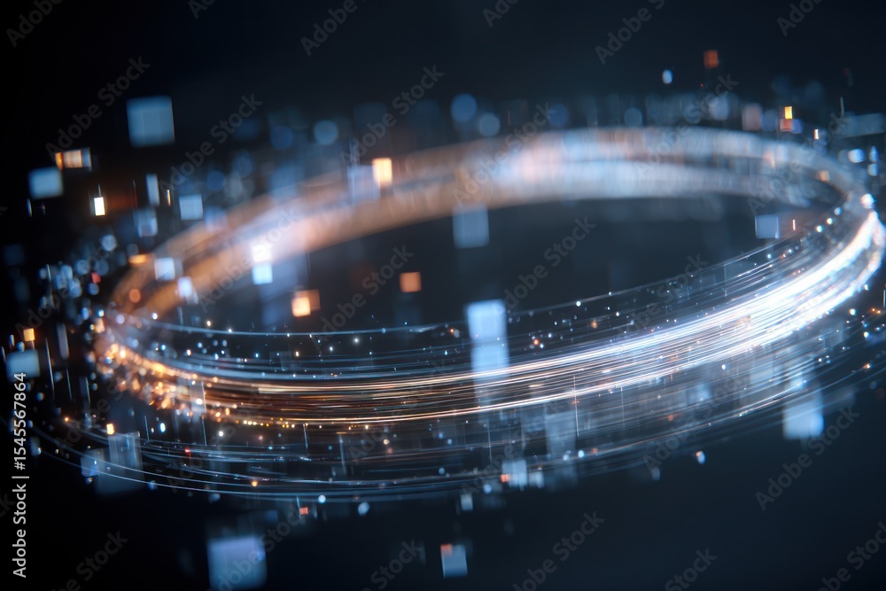Poster abstract glowing ring with light trails and floating cubes against a dark background in soft focus