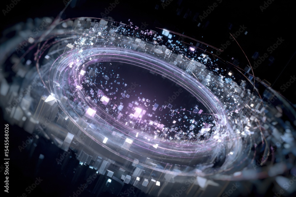 Poster abstract glowing ring with floating cubes and particles on a dark background design concept art