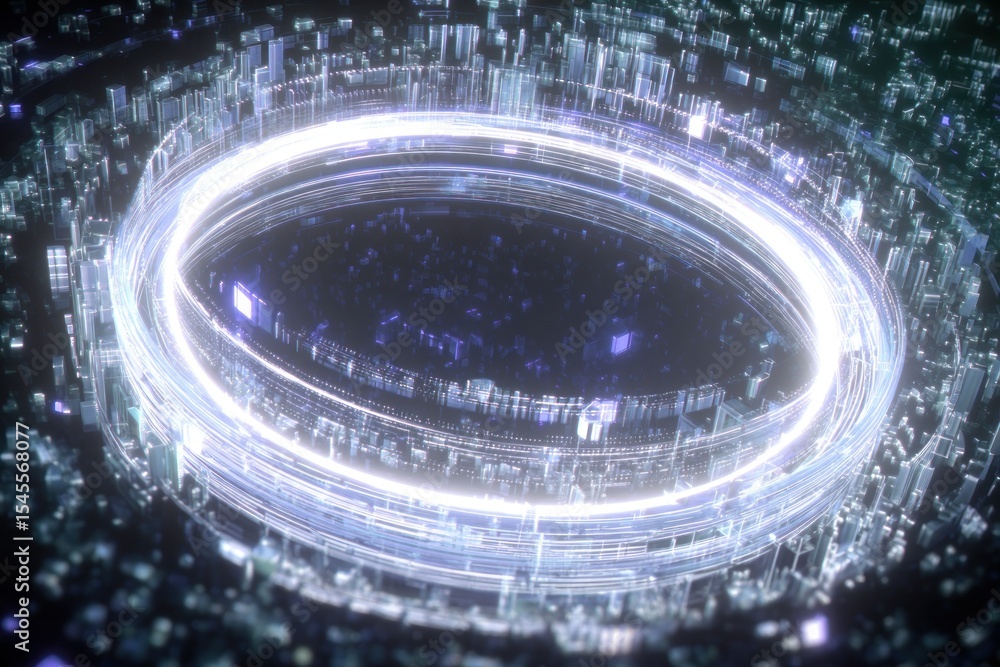 Poster a futuristic city with a glowing ring structure surrounding it in a circular abstract design view