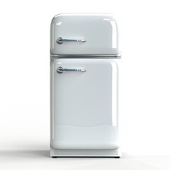 A vintage-style white refrigerator with a rounded design and chrome handles. on white background