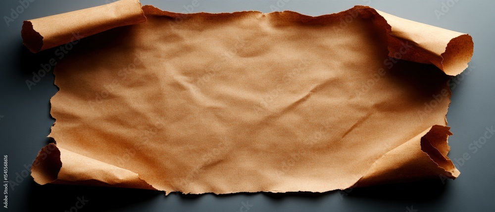 Poster overhead view of a blank torn parchment paper with curled edges on dark background for creative proj