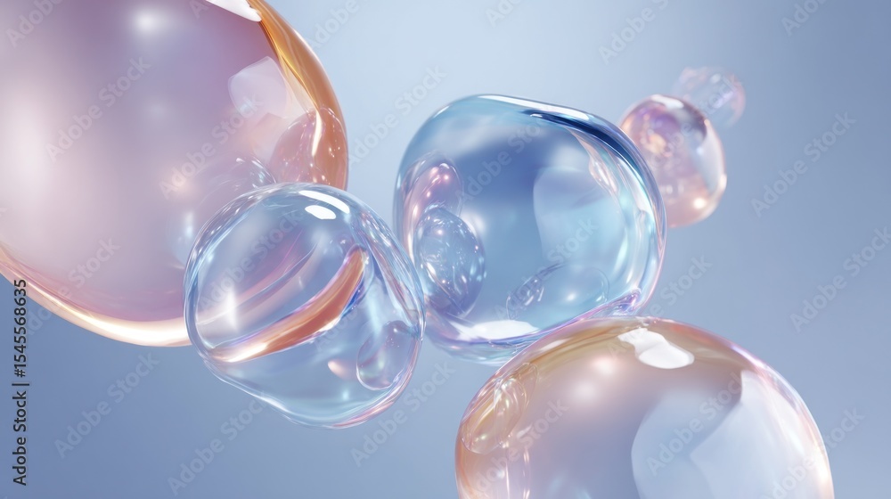 Poster a close up of several translucent spheres with light reflections on a light blue gradient background