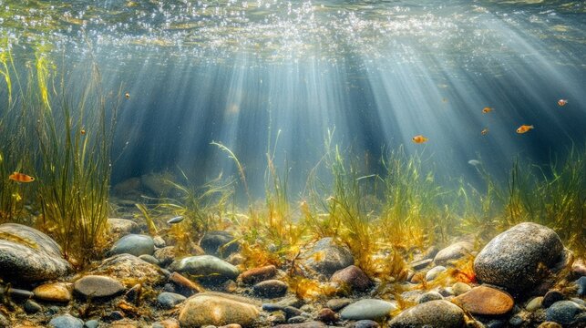 Sunlight streams underwater through riverbed