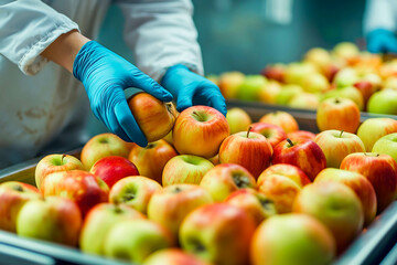 Technologist in food processing factory controlling process of apple fruit selection and production.