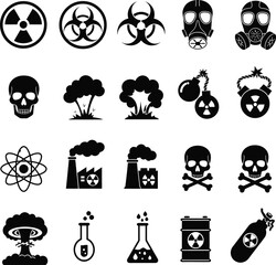 Black and White Hazard Icon Set Featuring Radiation, Biohazard, Explosions, and Toxic Symbols in Bold Vector Style