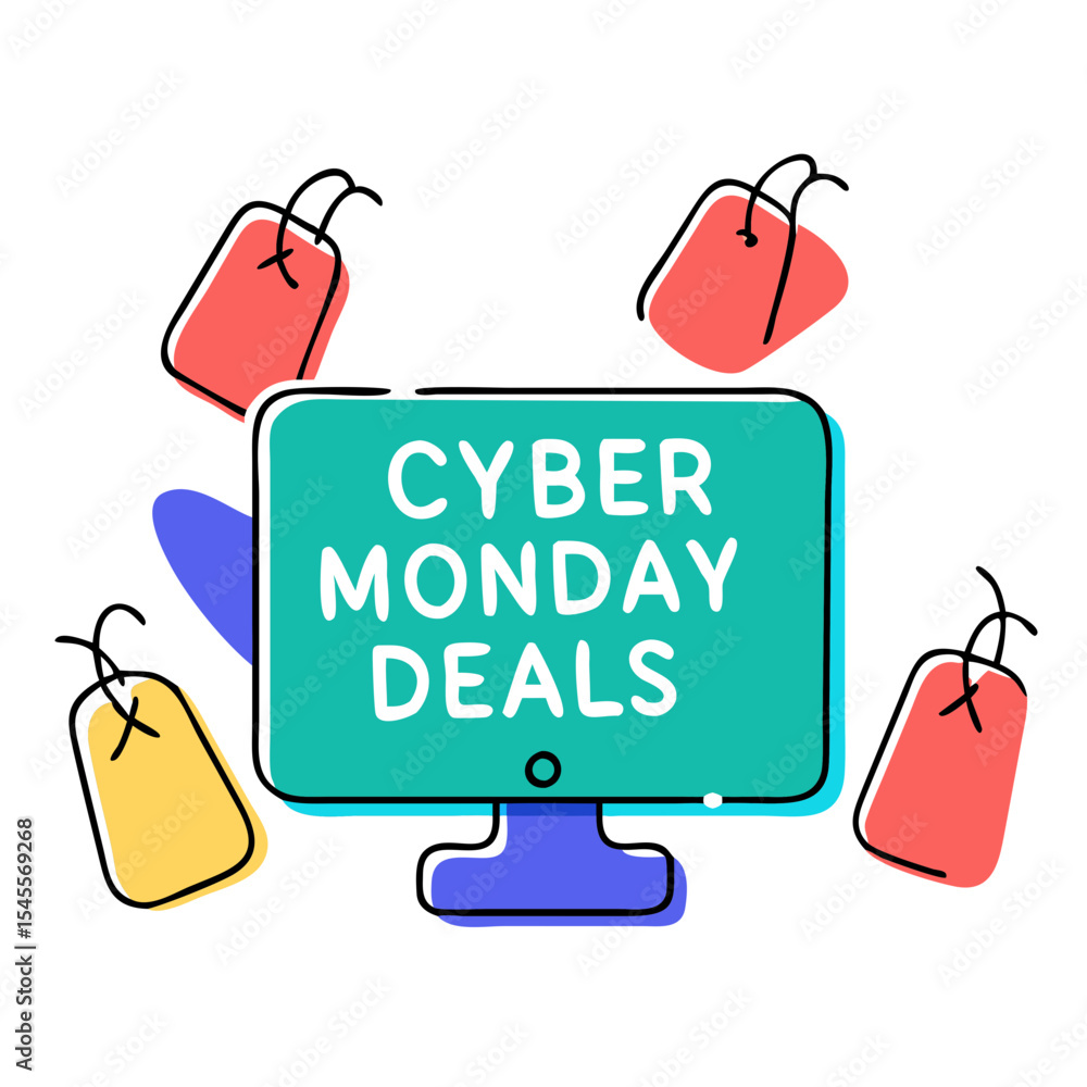 Poster computer screen displaying cyber monday deals with price tags around