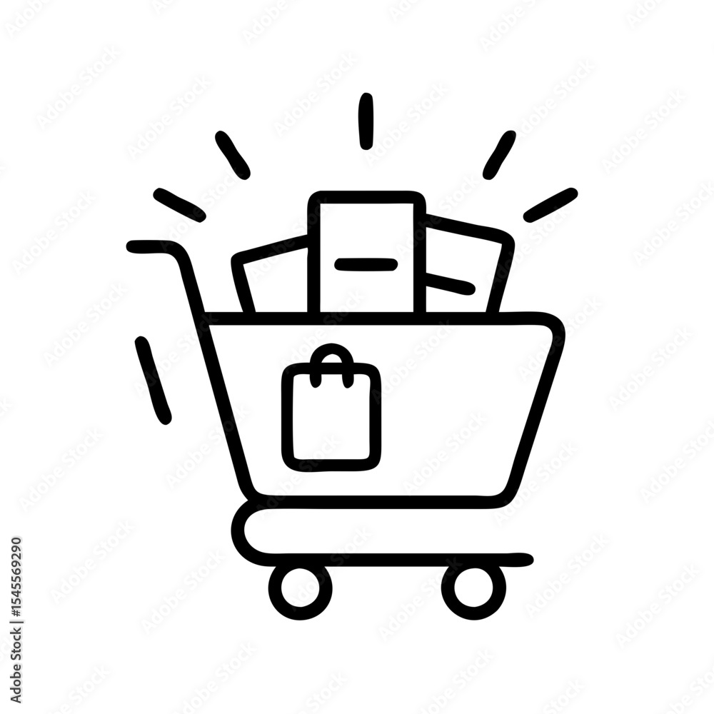 Poster line art of a glowing shopping cart filled with colorful tech items