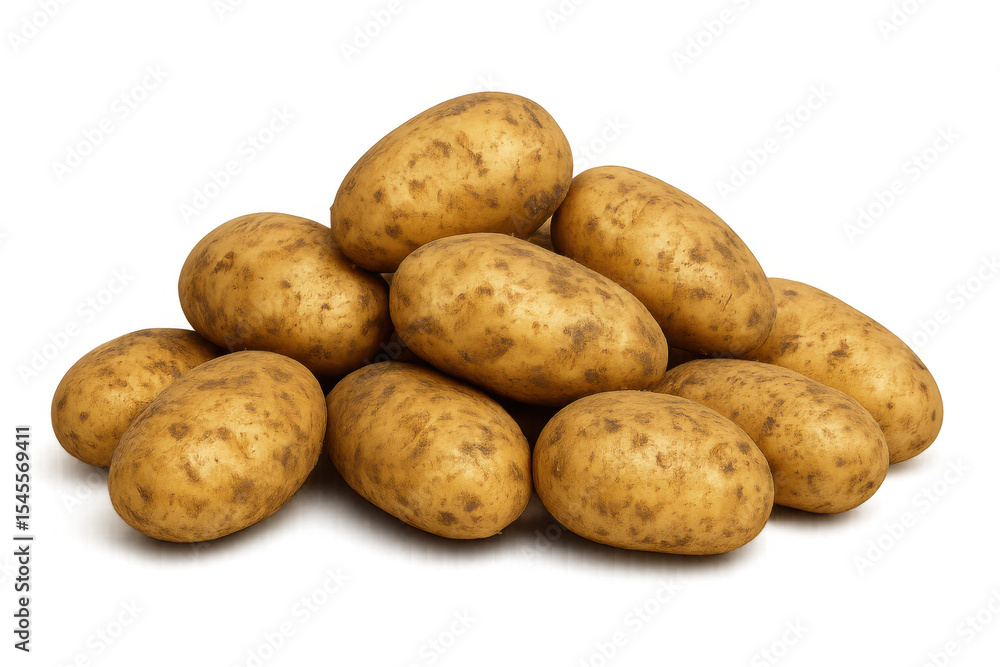 Poster close-up of a group of raw potatoes with soil, creating a small pyramid shape, isolated on a transpa