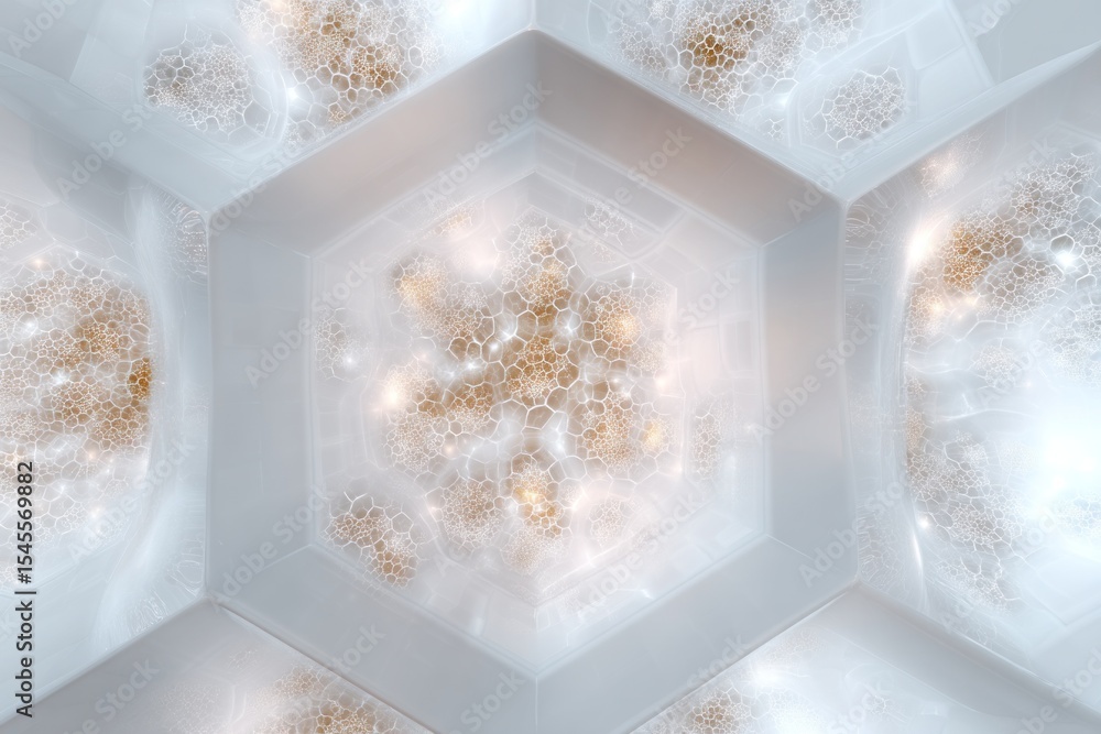 Poster a close up of a white hexagon shaped room with gold honeycomb patterns and soft lighting effect insi