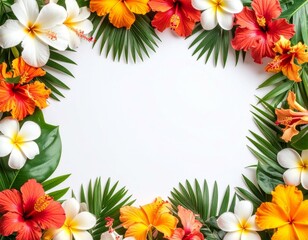 Obraz premium Tropical Hibiscus and Plumeria Flowers Frame White Background Tropical Flowers