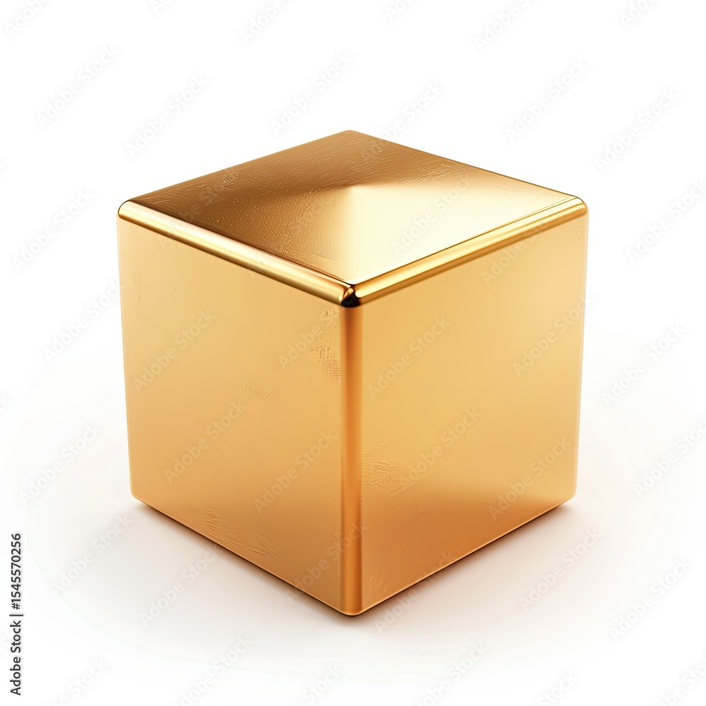 Poster a shiny gold cube with smooth surfaces and sharp edges, reflecting light. on white background