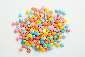 Obraz premium A colorful assortment of round candies scattered on white background