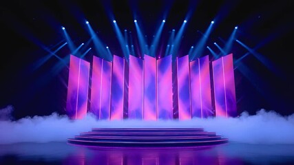 Wide neon lit stage with abstract purple panels and blue spotlights shining through fog and smoke vibrant spotlight creating dramatic dynamic - Powered by Adobe