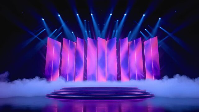 Wide neon lit stage with abstract purple panels and blue spotlights shining through fog and smoke vibrant spotlight creating dramatic dynamic
