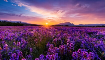 Obraz premium violet flowers blooming in a field during sunset with a purple sky nature and floral landscape peaceful scenery the beauty of flowers and vibrant colors