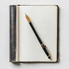A blank notebook with a pen, ready for notes or creative writing. on white background