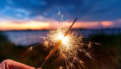 sparkler burning brightly for 4th of july celebration at sunset