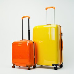 Two colorful suitcases, one orange and one yellow, designed for travel and luggage storage. on white background