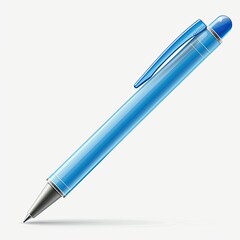A blue pen with a transparent body and a silver tip, used for writing. on white background