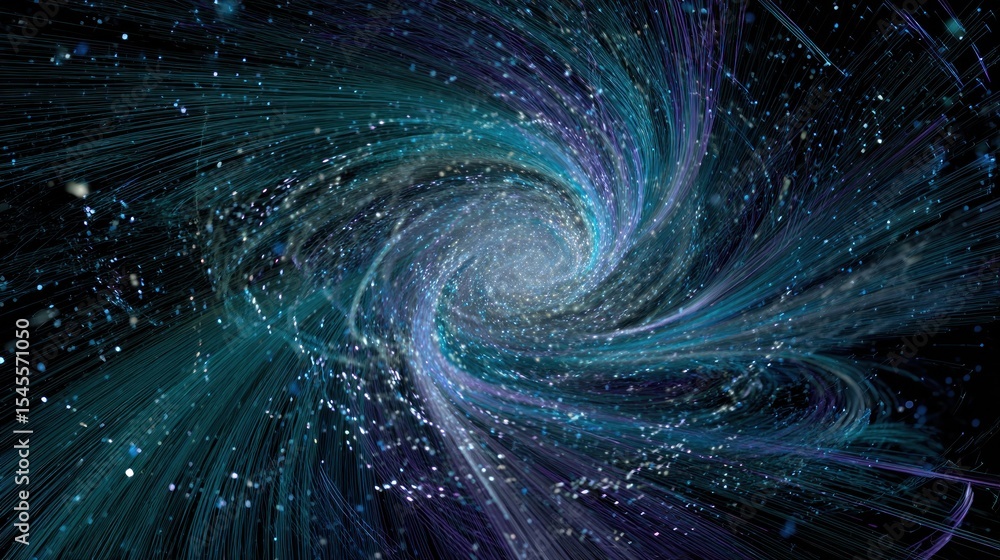 Poster a swirling vortex of blue and teal light with scattered particles against a dark background creating
