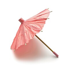 A pink paper umbrella, often used as a decorative element in drinks. on white background