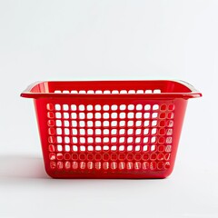 A red plastic basket with a grid pattern, suitable for storage or organization. on white background