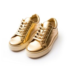 A pair of shiny gold sneakers with laces, designed for stylish casual wear. on white background