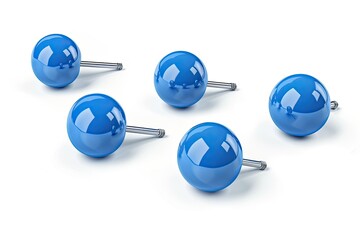 A collection of five glossy blue push pins arranged on a white background.