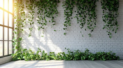 The urban loft style with lush green plants hanging on the white brick wall, the realistic interior design combines greenery and natural elements, suitable for modern home decoration.