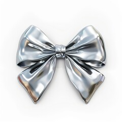 A shiny silver bow, often used for decoration or gift wrapping. on white background