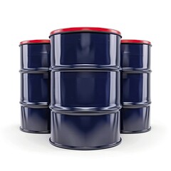 Four blue industrial barrels with red lids arranged together. on white background
