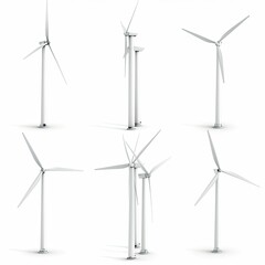 A collection of wind turbines representing renewable energy sources. on white background