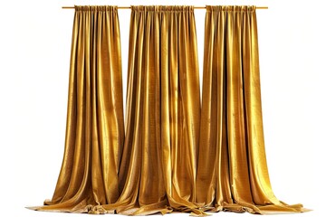 Three elegant golden curtains draped gracefully, creating a luxurious on white background