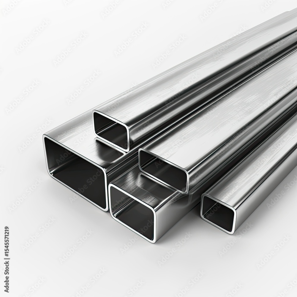 Poster a collection of shiny metallic square tubes arranged in a visually appealing manner. on white backgr
