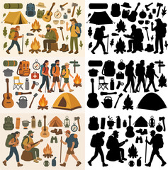 Vector Set Camping equipment, characters and silhouette