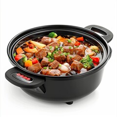 A black cooking pot filled with beef, vegetables, and broth, ready for serving. on white background