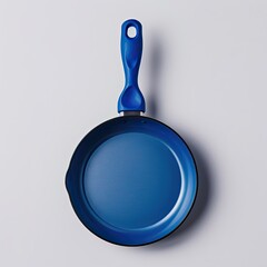A blue frying pan with a handle, designed for cooking various foods. on white background