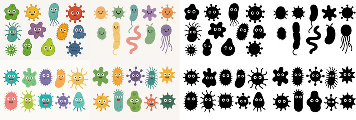 Vector Set Microbes mascots along with the silhouette. Cartoon bacteria microbes and viruses with facial emotions flat vector illustration set. Cute germs and viruses