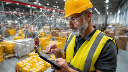 Warehouse Supervisor: A focused supervisor uses digital tablet to manage warehouse processes amid storage racks and interconnected network in a large logistics hub. - Powered by Adobe