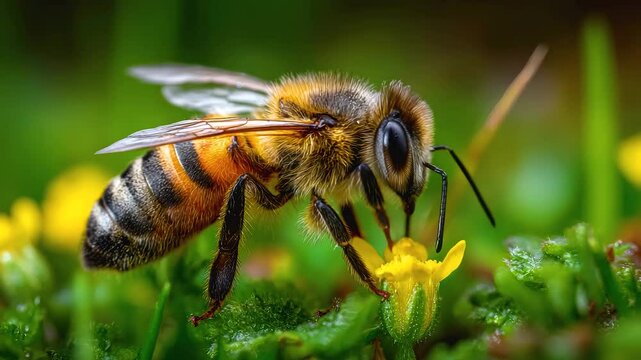 Close up macro of bee collecting pollen on yellow wildflower wings showing insect detail with green blurred background and wildflower nature beauty