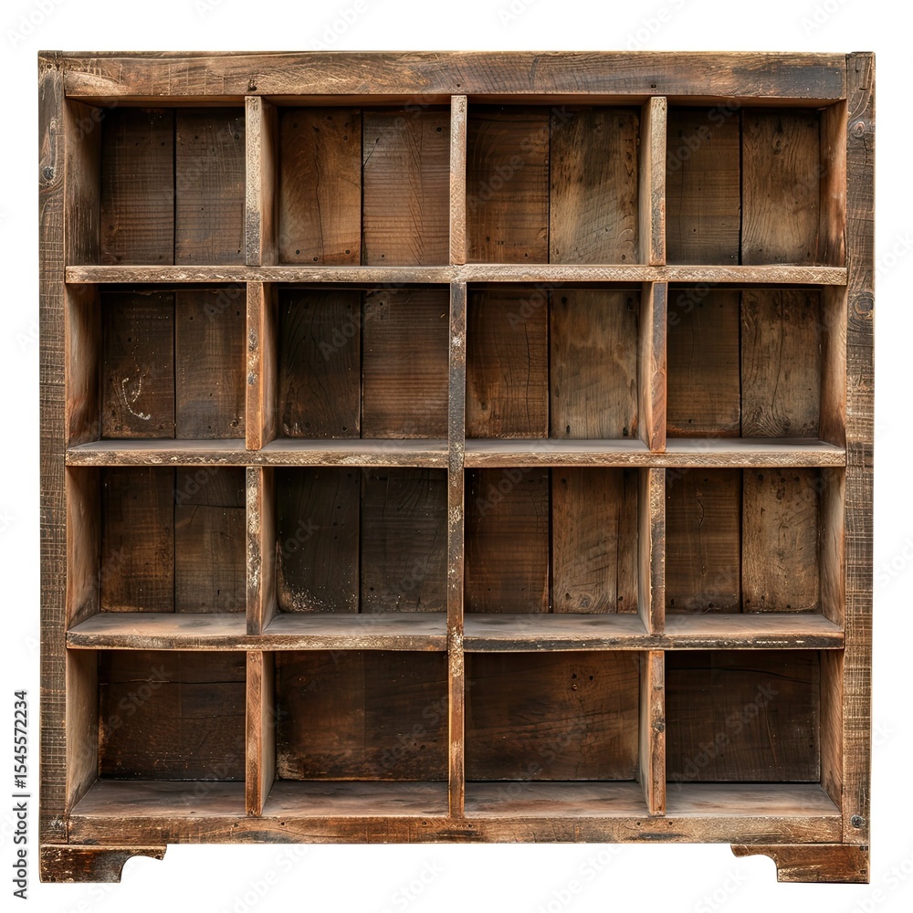 Aufkleber a rustic wooden shelf with multiple compartments for storage or display. on white background