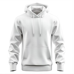 A plain white hoodie with a front pocket and drawstrings, suitable for casual wear. on white background